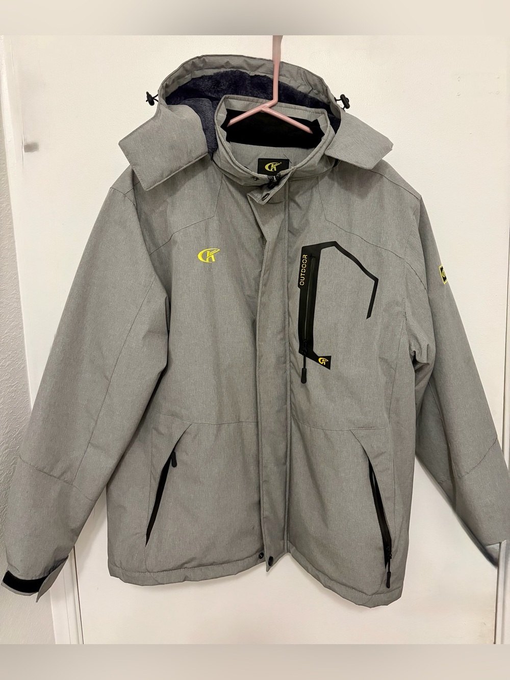 GK mens Gray Puffer Jacket with Yellow Accents